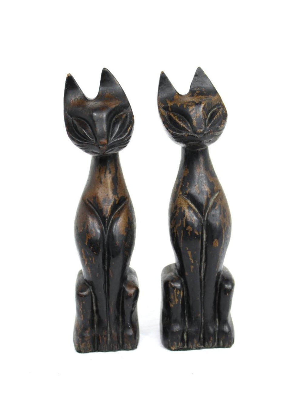 MCM HAND CARVED WOOD SCULPTURE PAIR SIAMESE CAT FIGURINES VINTAGE MID-CENTURY